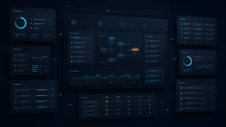Technischer Arbeitsplatz mit Monitoring-Ansichten und Systemdiagrammen