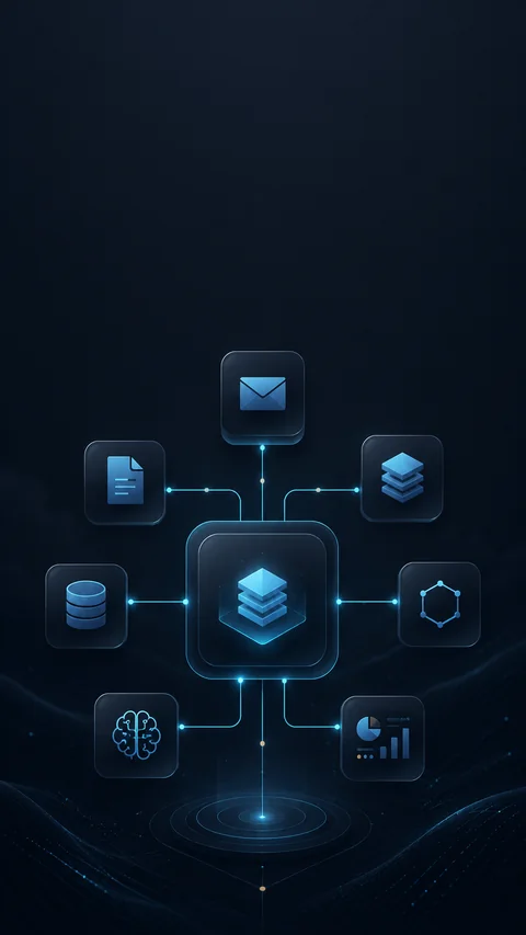 Systemdiagramm: E-Mail, PDF, ERP und Datenbank laufen in einer zentralen Integrationsschicht zusammen