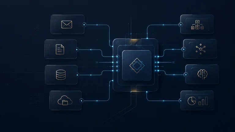 Integrationsschicht: E-Mail, Dokumente, Datenbank und Cloud-Ablage verbunden mit Auswertung, KI-Modellen und Reporting