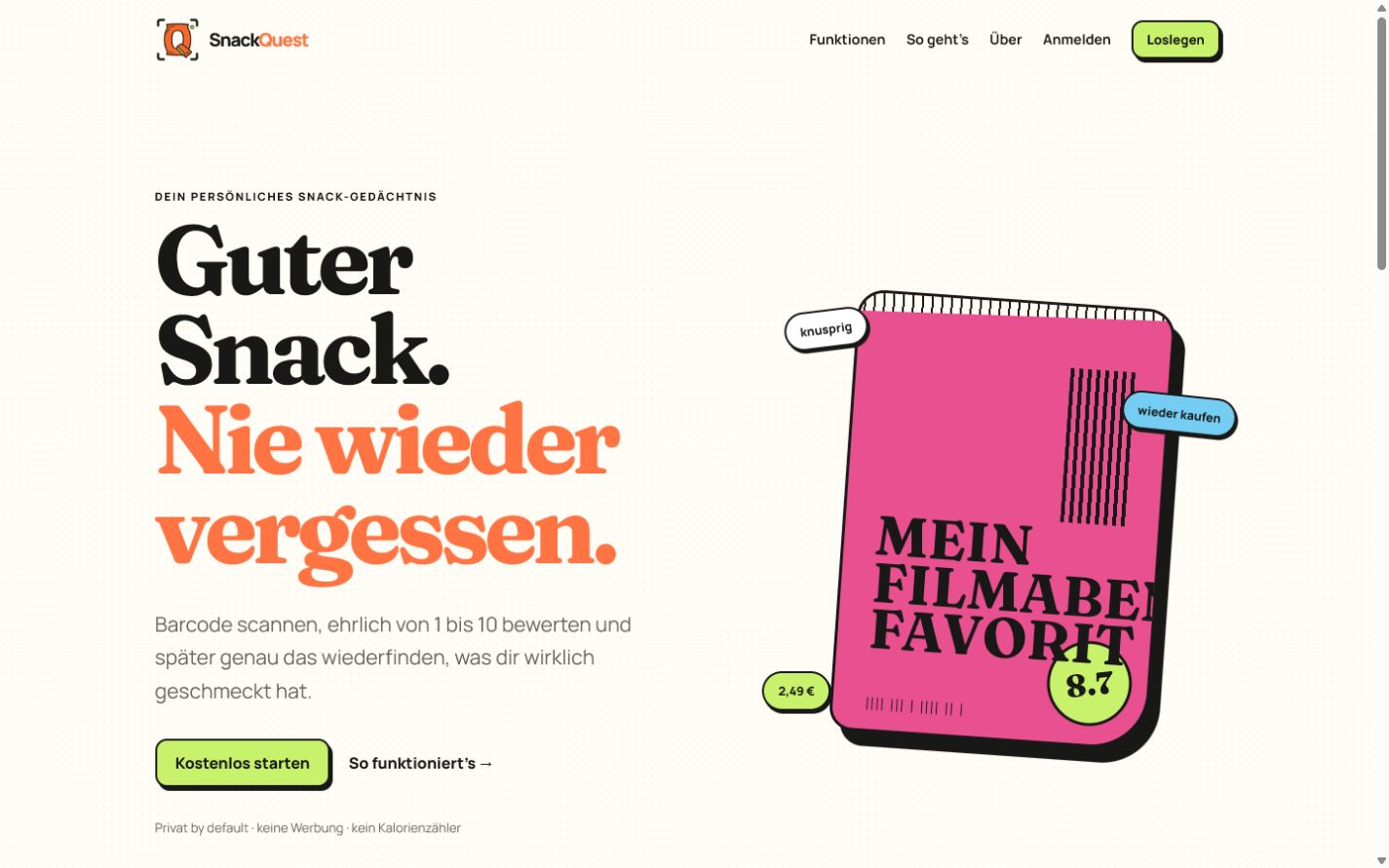 Öffentliche Startseite von SnackQuest